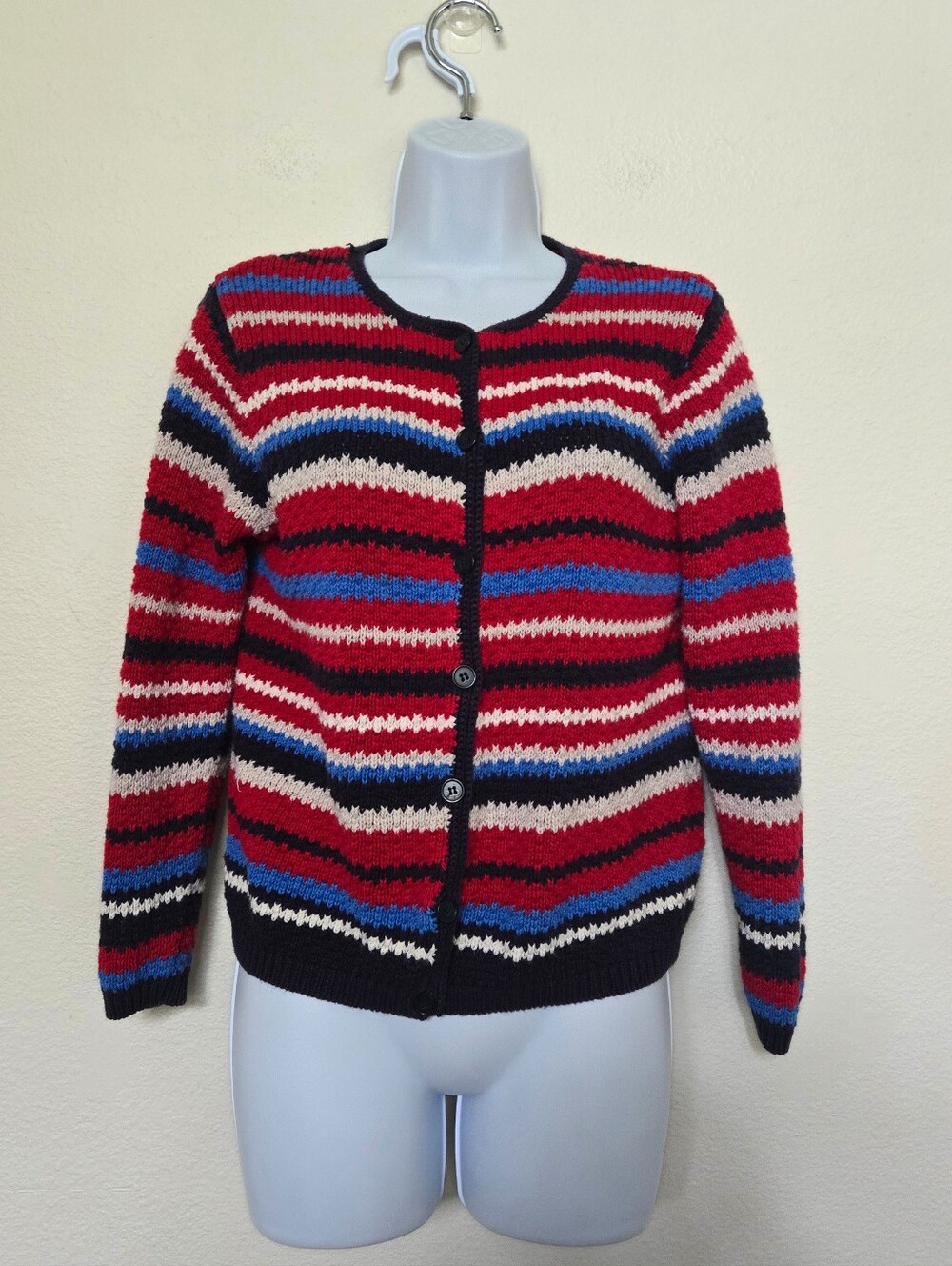 Vintage 80s 90s Cabin Creek Striped Red Blue Knit Cardigan Medium Petite Twee